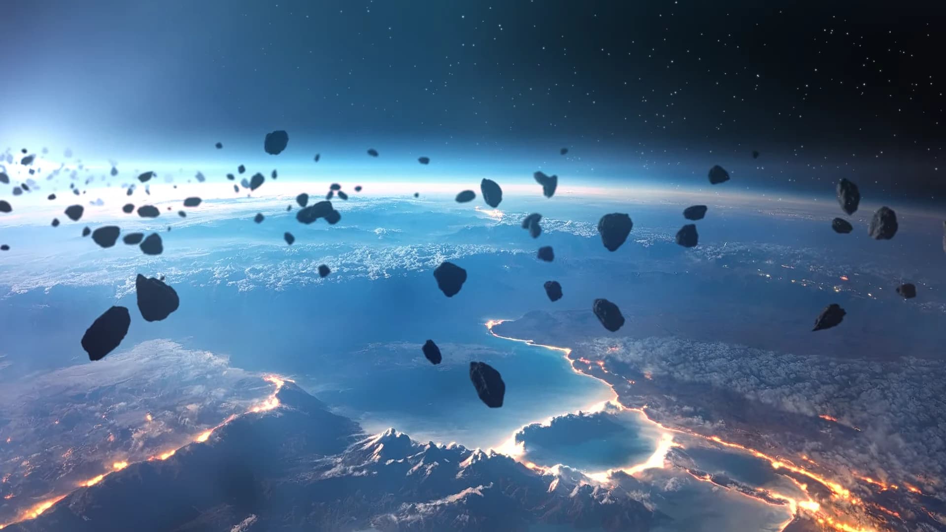 Illustrated near-Earth asteroid field above Earth's horizon